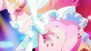 angel angel_girl angel_wings animated animated_gif anime_screenshot armlet ass blonde_hair breasts bridal_gauntlets grin huge_ass jewelry large_breasts long_hair looking_at_viewer miniskirt panties panty_&amp;_stocking_with_garterbelt panty_(psg) panty_pull pink_panties ring skirt smile underwear white_skirt wings