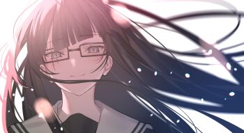 1girl black_hair commentary_request fate/grand_order fate_(series) glasses grey_eyes highres kurohime_(fate) light_blush long_hair mashima_saki_(mashimasa) petals portrait scar scar_across_eye scar_on_face smile wind
