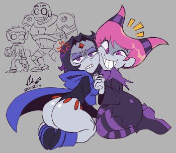 2boys 2girls anger_vein annoyed ass bare_hips beast_boy_(dc) bindi black_leotard boots caliginousarts cape capelet cheek-to-cheek clenched_teeth cloak colored_skin cyborg cyborg_(dc) dc_comics dress eyelashes eyeshadow forehead_jewel furrowed_brow grey_skin grimace grin hair_horns half-closed_eyes hand_up heads_together highres holding_hands hood hood_down jinx_(dc) kneeling leotard long_sleeves looking_at_viewer makeup multiple_boys multiple_girls notice_lines pale_skin pantyhose parted_bangs partially_shaded_face pink_eyes pink_hair purple_cloak purple_dress purple_eyes purple_eyeshadow purple_footwear purple_hair purple_thighhighs raven_(dc) shaded_face short_dress short_hair sleeved_leotard smile socks striped_clothes striped_pantyhose striped_socks symmetrical_hand_pose symmetrical_pose teen_titans teeth thighhighs thighs thong_leotard torn_capelet torn_clothes upturned_eyes