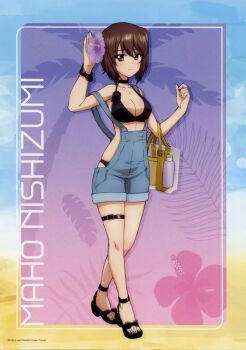 1girl bag beach_mat bikini black_bikini black_choker black_sandals blue_overalls breasts brown_eyes brown_hair choker closed_mouth commentary_request flower from_behind girls_und_panzer hair_between_eyes hair_flower hair_ornament highres holding holding_bag jewelry large_breasts looking_at_viewer necklace nishizumi_maho non-web_source official_alternate_costume official_art overalls purple_flower sandals solo swimsuit walking