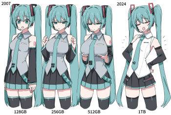 4girls :d absurdres alternate_breast_size_(larger) alternate_breast_size_(smaller) aqua_eyes aqua_hair aqua_necktie arm_tattoo arm_up armpits bad_id bare_shoulders black_thighhighs breast_expansion breast_reduction breasts bust_chart channel_(caststation) closed_eyes collarbone commentary comparison cowboy_shot cropped_legs detached_sleeves duplicate feet_out_of_frame frown grabbing_own_breast grey_shirt hands_up hatsune_miku hatsune_miku_(vocaloid4) hatsune_miku_breast_size_comparsion_(meme) headset highres impossible_clothes impossible_shirt index_finger_raised large_breasts long_hair looking_at_breasts looking_at_viewer medium_breasts meme miniskirt multiple_girls multiple_persona necktie number_tattoo open_mouth pixel-perfect_duplicate pleated_skirt progression shirt simple_background skirt sleeveless sleeveless_shirt small_breasts small_sweatdrop smile staring sweat sweatdrop tattoo thighhighs twintails two-tone_skirt v v4x very_long_hair vocaloid white_background white_shirt worried zettai_ryouiki