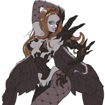 1girl armpit_crease artist_name bad_id bad_twitter_id black_wings blonde_hair blue_eyes breasts colored_sclera demon_(megami_tensei) hand_on_own_head hand_on_own_hip hashtag-only_commentary highres looking_at_viewer naamah_(megami_tensei) pink_sclera red_lips s_ir_s shin_megami_tensei shin_megami_tensei_v shin_megami_tensei_v:_vengeance single_fishnet_armwear single_fishnet_legwear solo white_background wings