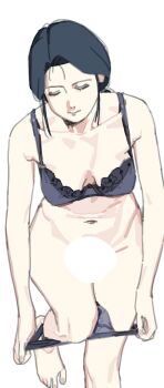1girl black_hair bra censored closed_eyes highres imamura_ryou leaning_forward original panties solo underwear undressing