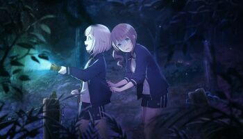 Rule 34 | 2girls, :d, animal, asymmetrical sidelocks, bare legs, blue eyes, blue jacket, blue shorts, brown hair, chain, clenched hand, collared jacket, colorful palette, cowboy shot, excited, flashlight, forest, furrowed brow, game cg, glowing, glowing eyes, gym shirt, gym shorts, gym uniform, highres, holding, holding flashlight, jacket, long sleeves, looking afar, looking to the side, low ponytail, medium hair, mochizuki honami, multiple girls, name tag, nature, night, official art, ootori emu, open clothes, open jacket, open mouth, outdoors, pink eyes, pink hair, ponytail, project sekai, scared, shirt, short hair, shorts, sidelocks, sleeves rolled up, smile, sweatdrop, third-party source, three-quarter sleeves, track jacket, tree, upper body, wavy hair, white shirt, white trim, wonderhorror~!? na kimodameshi! (project sekai)