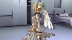 1girl 3d ahoge animated bed belt blonde_hair bodysuit bouncing_breasts breasts breasts_apart bridal_gauntlets center_opening chain dress fate/grand_order fate/grand_order_arcade fate_(series) gloves green_eyes highres jewelry large_breasts looking_at_viewer navel nero_claudius_(bride)_(fate) nero_claudius_(fate) open_bodysuit open_clothes open_dress short_hair sound veil video white_bodysuit white_footwear white_gloves zipper zipper_pull_tab