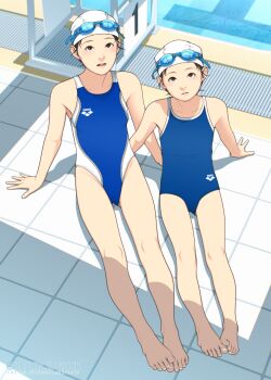 2girls arena_(company) arm_support asian bare_shoulders barefoot black_hair blush breasts collarbone commentary_request competition_swimsuit day flat_chest from_above goggles goggles_on_head highres looking_at_viewer multiple_girls one-piece_swimsuit open_mouth original outdoors parted_lips partial_commentary poolside school_swimsuit shinchou_ni_kansuru_kousatsu short_hair sitting small_breasts swim_cap swimsuit teeth upper_teeth_only white_swimcap