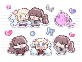 !? 3girls :3 :d ^_^ ahoge anyoji_hime aqua_neckerchief black_sweater blonde_hair blue_eyes blush brown_dress brown_hair chibi chibi_only closed_eyes commentary crying dress dual_persona earrings fang flower flying_sweatdrops fujishima_megumi fujishima_megumi_(post-graduation) grey_jacket grey_skirt hair_flower hair_ornament hasu_no_sora_school_uniform heart heart_earrings highres hood hoodie jacket jewelry lined_paper link!_like!_love_live! long_hair long_sleeves love_live! multi-tied_hair multiple_girls multiple_views neckerchief nervous_sweating open_clothes open_jacket open_mouth osawa_rurino osawa_rurino_(winter_casual) parted_bangs pink_flower pleated_skirt ponytail purple_dress red_neckerchief sailor_collar sailor_dress school_uniform sidelocks simple_background skin_fang skirt smile streaming_tears suit_jacket sweat sweater tears time_paradox twintails two_side_up virtual_youtuber watage_modoki white_background white_hoodie white_jacket white_sailor_collar winter_uniform