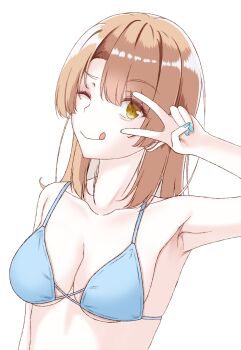 1girl alternate_costume armpits bikini blue_bikini blue_nails breasts brown_eyes brown_hair collarbone commentary_request hand_up highres isshiki_iroha looking_at_viewer medium_breasts medium_hair nail_polish one_eye_closed simple_background smile string_bikini swimsuit tongue tongue_out upper_body v v_over_eye white_background yahari_ore_no_seishun_lovecome_wa_machigatteiru. yoka_shirakawa