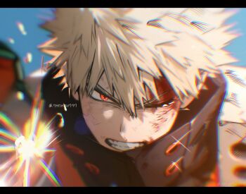 Rule 34 | 1boy, bakugou katsuki, black shirt, blonde hair, blood, blood on face, boku no hero academia, explosion, hashtag-only commentary, highres, injury, letterboxed, looking at viewer, male focus, one eye closed, orange eyes, shirt, short hair, solo, spiked hair, superhero costume, tears, twitter username, znjxlz