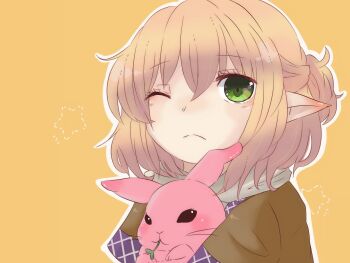 1girl animal aousa3 blonde_hair blush brown_shirt closed_mouth commentary_request expressionless green_eyes half_updo highres holding holding_animal holding_rabbit looking_at_viewer mizuhashi_parsee one_eye_closed pointy_ears ponytail rabbit scarf shirt short_hair short_ponytail simple_background solo star_(symbol) touhou upper_body white_scarf yellow_background