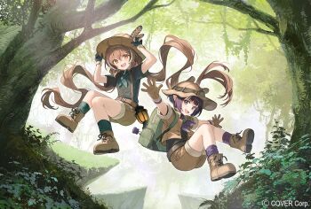 2girls :d black_hair black_shirt boots brown_boots brown_eyes brown_hair brown_jacket brown_shorts collared_shirt crossed_bangs double-parted_bangs forest full_body green_shirt hair_between_eyes hololive hololive_english jacket jungle looking_at_viewer made_in_abyss multicolored_hair multiple_girls nanashi_mumei nature ninomae_ina&#039;nis ninomae_ina&#039;nis_(artist) official_art open_mouth outdoors pointy_ears purple_hair shirt shirt_tucked_in short-sleeved_jacket short_hair short_sleeves shorts smile streaked_hair virtual_youtuber white_hair