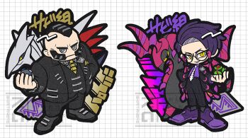 Rule 34 | 2boys, arm up, black-framed eyewear, black coat, black hair, black jacket, black pants, blue eyes, coat, collared shirt, colored sclera, commentary, corbeau (pokemon), dusk ball, facial hair, film grain, gen 2 pokemon, gen 5 pokemon, glasses, grey eyes, grid background, heavy ball, holding, holding poke ball, jacket, jitome, kiritani846, lapels, looking at viewer, male focus, mohawk, multiple boys, necktie, nintendo, pants, philippe (pokemon), poke ball, pokemon, pokemon (creature), pokemon legends: z-a, purple hair, purple shirt, purple shoes, round eyewear, scolipede, shirt, shirt tucked in, shoes, skarmory, slit pupils, smile, spiked hair, spikes, standing, symbol-only commentary, teeth, triangle mouth, upper teeth only, watermark, white necktie, wing collar, wings, yellow eyes, yellow sclera