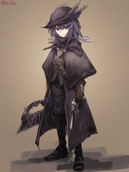 1girl absurdres alternate_costume arknights bad_link black_boots black_coat black_gloves black_hair black_hat black_pants black_vest bloodborne blue_eyes boots brown_background coat cosplay feather_hair full_body gloves gun handgun hat highres holding holding_gun holding_weapon hunter_(bloodborne) hunter_(bloodborne)_(cosplay) la_pluma_(arknights) long_sleeves looking_at_viewer pants parted_lips sakuratani_hane saw_blade short_hair simple_background solo standing tricorne twitter_username vest weapon