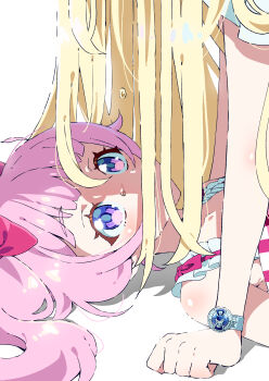 2girls absurdres aozora_himari arm_support blonde_hair blunt_bangs bracelet crying head_out_of_frame highres himitsu_no_aipri hoshikawa_mitsuki jewelry long_hair looking_at_another looking_up lying multiple_girls on_back pink_hair pretty_series purple_eyes simple_background tears tsujii_luki upper_body white_background yukadon
