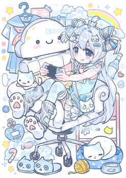 1girl :q animal_slippers blue_bow blue_eyes blue_hair blue_slippers blue_thighhighs blush_stickers bow candy candy_cane cat cat_hair_ornament cat_slippers closed_mouth commission double-parted_bangs food frilled_bow frills full_body hair_between_eyes hair_bow hair_intakes hair_ornament handheld_game_console highres holding holding_handheld_game_console kaolu_kaoru_mi leg_warmers long_hair nintendo_switch original paw_shoes shoes sitting skirt slippers smile solo striped_clothes striped_thighhighs thick_eyebrows thighhighs tongue tongue_out two_side_up unworn_slippers watermark white_shoes white_skirt x_hair_ornament