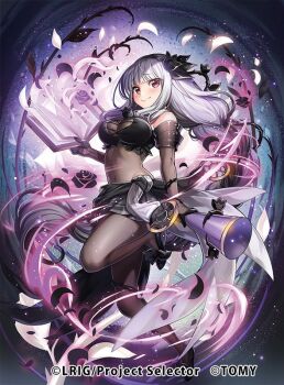 Rule 34 | 1girl, alfou (wixoss), black gloves, black hair, black hairband, black petals, black shoes, black skirt, book, braid, breasts, chachie, copyright notice, covered navel, flower hairband, gloves, grey hair, hairband, holding, holding book, holding megaphone, large breasts, long hair, megaphone, multicolored hair, official art, open book, red eyes, see-through cleavage, see-through clothes, shoes, single braid, skirt, solo, very long hair, white petals, wixoss