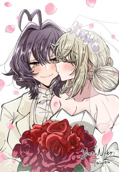 2girls ahoge araga_kiwi artist_name bare_shoulders black_hair blonde_hair blush bouquet bow bowtie breasts bridal_veil bride cleavage closed_eyes commentary dress english_commentary female_focus flower formal_clothes groom heart heart_ahoge highres hiiragi_utena imminent_kiss mahou_shoujo_ni_akogarete medium_breasts medium_hair multiple_girls petals rose see-through_clothes see-through_veil simple_background smile suit veil wedding_dress wife_and_wife yellow_eyes yoruneko_(liampadolina) yuri