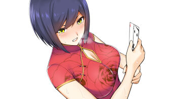 1girl alternate_costume bare_arms blush breasts breath card china_dress chinese_clothes cleavage cleavage_cutout clenched_teeth clothing_cutout commentary_request dress floral_print floral_print_dress from_above hands_up holding holding_card holding_own_wrist lipstick looking_to_the_side makeup mandarin_collar medium_breasts mole mole_under_eye multiple_moles nijisanji noragami_sota playing_card print_dress purple_hair red_dress shanghai_neckline shizuka_rin short_hair short_sleeves simple_background solo sweat teeth upper_body variant_set virtual_youtuber white_background yellow_eyes