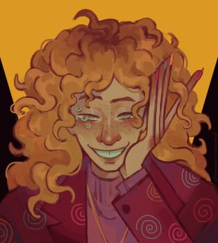 1boy blazer blonde_hair blush body_freckles body_horror commentary cosmicisbored curly_hair design_speculation distortion_(tma) english_commentary eyeshadow freckles green_eyes grin highres jacket lips long_fingers long_hair makeup male_focus michael_shelley monster_boy multicolored_nails nose smile straight-on sweater teeth the_magnus_archives tooth_gap turtleneck turtleneck_sweater wide_nose