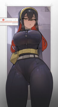 1girl :o arms_behind_back artist_name azz0422 black_hair blue_jacket blue_pants blueberry_academy_school_uniform breasts carmine_(pokemon) character_name colored_inner_hair cowboy_shot crossed_bangs fanny_pack hair_between_eyes hairband health_bar highres jacket large_breasts long_sleeves looking_at_viewer multicolored_hair nintendo open_mouth pants pokemon pokemon_sv qr_code red_hair school_uniform solo sweat tight_clothes two-tone_hair yellow_eyes yellow_hairband