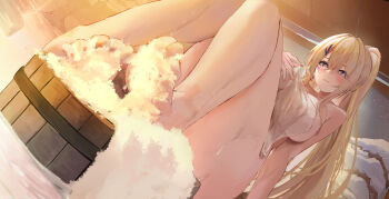1girl absurdres azur_lane barefoot bathing blonde_hair blush breasts closed_mouth commentary_request facial_mark feet foot_focus full_body guam_(azur_lane) hair_between_eyes hair_ornament hairclip hand_up heart heart_facial_mark highres large_breasts legs long_hair looking_at_viewer naked_towel onsen ponytail purple_eyes sitting snow solo star-shaped_pupils star_(symbol) suo_bu_ye_feng symbol-shaped_pupils thighs toenails toes towel water
