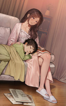 1boy 1girl absurdres age_difference black_hair blush book bookshelf breasts brown_eyes brown_hair child chinese_commentary cleavage closed_eyes closed_mouth collarbone commentary couch crossed_legs curtains family_bonding green_pajamas hand_on_another's_shoulder highres indoors lap_pillow living_room long_hair long_sleeves magazine_(object) mature_female mother_and_son nightgown on_couch open_mouth original paid_reward_available pajamas parted_hair pillow pink_pajamas plant potted_plant purple_eyes revision sato-san_(yewang19) short_hair sleeping slippers white_nightgown white_slippers wooden_floor yewang19