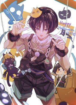 balloon dfish2_0 genshin_impact halloween hands_up happy_halloween highres looking_at_viewer pumpkin ribbon scaramouche_(genshin_impact) short_sleeves shorts tongue tongue_out wanderer_(fairy_tale_cat)_(genshin_impact) wanderer_(genshin_impact) wrist_cuffs