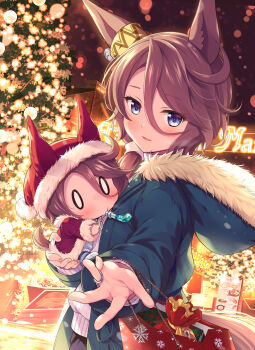 0_0 2girls animal_ears bag blue_coat blue_eyes blue_jacket blush brown_hair christmas christmas_lights christmas_ornaments christmas_present christmas_tree coat ear_ornament fur-trimmed_headwear fur-trimmed_jacket fur_trim gift hair_between_eyes hat highres holding hood hood_down hooded_coat horse_ears horse_girl horse_tail jacket long_sleeves multiple_girls narita_taishin_(umamusume) odawara_hakone open_clothes open_jacket open_mouth pants parted_lips party_horn pink_sweater reaching reaching_towards_viewer red_coat red_hat santa_costume santa_hat shopping_bag short_hair smile sweater tail umamusume