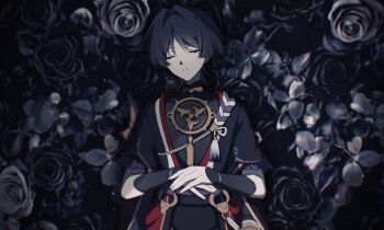 1boy armor black_hair black_kimono black_sleeves blunt_ends closed_eyes eyelashes facing_viewer flower frilled_sleeves frills from_above genshin_impact gold hair_intakes hands_on_own_stomach highres japanese_armor japanese_clothes jewelry juban kimono kote kurokote layered_sleeves lying male_focus mandarin_collar mitsudomoe_(shape) monochrome_background neck_ring o-ring on_back open_clothes open_kimono open_mouth own_hands_together parted_bangs purple_rope purple_sash purple_sleeves red_kimono rope rose sash scaramouche_(genshin_impact) shimenawa short_sleeves single_sode sleeping solo tassel tomoe_(symbol) upper_body w02_14 white_flower white_kimono white_mouth white_rope white_rose wispy_bangs