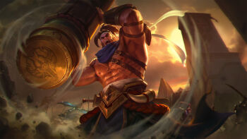 1boy abs arcnoir bara beard carrying character_request cowboy_shot facial_hair full_beard highres large_pectorals male_focus mature_male muscular muscular_arms muscular_male nipples pectorals shouting solo standing strong strongman_waist sunset thick_beard wangzhe_rongyao