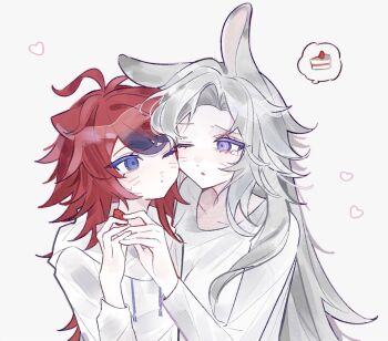 2girls ahoge animal_ears aotsuki_eito blue_eyes breasts cake cake_slice cat_ears closed_mouth collarbone colored_eyelashes drawstring eyelashes food fruit genderswap genderswap_(mtf) grey_background grey_hair heart holding holding_food holding_fruit hood hood_down hoodie kemonomimi_mode long_hair long_sleeves medium_breasts multicolored_hair multiple_girls one_eye_closed parted_lips purple_eyes purple_hair rabbit_ears red_hair shirt simple_background strawberry streaked_hair sumino_takumi sweat tearing_up the_hundred_line_-last_defense_academy- two-tone_hair variant_set white_hoodie white_shirt yizooo yuri