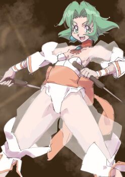 Rule 34 | 1990s (style), 1girl, back bow, bow, breasts, choker, dagger, dual wielding, earrings, ellis (toushinden), green eyes, highleg, highleg leotard, holding, holding dagger, holding knife, holding weapon, jewelry, kikuta kouichi, knife, leotard, looking at viewer, open mouth, pink bow, pink sash, puffy short sleeves, puffy sleeves, red choker, retro artstyle, sash, see-through clothes, see-through sleeves, short hair, short sleeves, small breasts, smile, solo, standing, strapless, strapless leotard, toushinden, weapon, white leotard