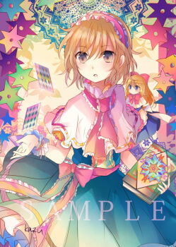 1girl alice_margatroid blonde_hair blue_dress book bow bowtie capelet commentary_request doll dress frilled_hairband frills hairband holding holding_book kazu_(muchuukai) lolita_hairband open_mouth pink_bow pink_bowtie pink_sash sample_watermark sash shanghai_doll touhou waist_sash watermark white_capelet wrist_cuffs