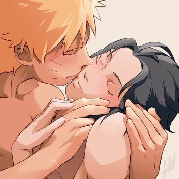 Rule 34 | 2boys, black hair, blonde hair, closed eyes, closed mouth, collarbone, commentary, face-to-face, facial mark, hand on another's shoulder, highres, male focus, multiple boys, naruto (series), nude, short hair, signature, simple background, themidnights0ng, uchiha sasuke, untranslatable commentary, uzumaki naruto, whisker markings, white background, yaoi