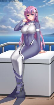 Rule 34 | 1girl, absurdres, blue eyes, blue hair, bodysuit, braid, breasts, flower, hair flower, hair ornament, highres, jewelry, large breasts, long hair, looking at viewer, midnight (banyex), monofin, multicolored bodysuit, multicolored hair, original, parted lips, purple hair, sitting, solo, streaked hair, twin braids, two-tone bodysuit, two-tone hair, very long hair, watermark, web address, zipper, zipper pull tab