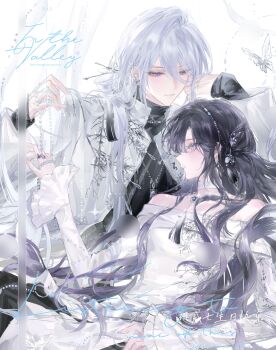 Rule 34 | 1boy, 1girl, absurdres, bamboo print, bare shoulders, belt, black hair, black shirt, bug, butterfly, butterfly ring, cael anselm, choker, closed mouth, commission, cone hair bun, curtains, dress, eng ne en, frilled sleeves, frills, gradient hair, grey belt, hair between eyes, hair bun, hair ornament, hair over shoulder, hair rings, hair stick, hand in own hair, hand up, highres, holding, holding jewelry, holding necklace, insect, jacket, jewelry, long hair, long hair between eyes, long sleeves, looking at another, loosely tucked bangs, lovebrush chronicles, mihuashi commission, mole, mole under eye, multicolored hair, necklace, oc x canon, off-shoulder dress, off shoulder, open clothes, open jacket, original, pearl necklace, pendant, profile, purple eyes, purple hair, ring, see-through curtains, shirt, sleeves past wrists, smile, tassel, tassel hair ornament, tassel necklace, turtleneck, turtleneck shirt, unworn jewelry, unworn necklace, upper body, very long hair, white background, white butterfly, white choker, white dress, white hair, white jacket