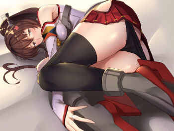 1girl ass bad_id bad_pixiv_id bare_shoulders black_panties blush breasts brown_eyes brown_hair butt_crack clothing_cutout commentary_request detached_sleeves female_focus flower hair_flower hair_ornament headgear hip_vent jewelry kantai_collection large_breasts long_hair looking_at_viewer lying miniskirt on_side open_mouth ornate_ring pallad panties panty_pull pantyshot ponytail ring skirt smile solo thighhighs underwear very_long_hair wedding_ring yamato_(kancolle)