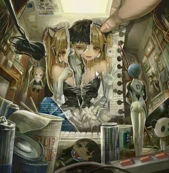 1boy 1other absurdres ayanami_rei bident black_hair blonde_hair blue_hair bodysuit cable can character_doll chibi commentary computer_keyboard cursor doll drink_can elbow_gloves figure frilled_leotard frills gloves highres icon_(computing) ikari_shinji ikuta41 instant_noodles lance_of_longinus_(evangelion) leotard mecha_pilot_suit mojibake_text neon_genesis_evangelion nijisanji nissin_cup_noodle original plugsuit_(evangelion) polearm pov pov_hands size_difference strapless switch symbolism tearing_paper tsukino_mito tsukino_mito_(1st_costume) twintails virtual_youtuber volume_symbol weapon white_bodysuit white_gloves