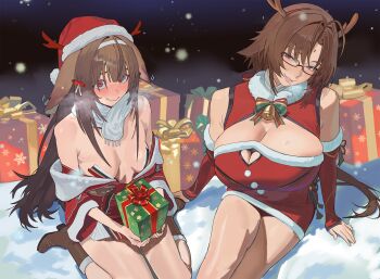 2girls animal_ears antlers bilingual_commentary blush breasts brown_hair christmas commentary dress droopy_ears embarrassed english_commentary fake_antlers fox_ears fox_girl fur-trimmed_headwear fur_trim genderswap genderswap_(mtf) hair_intakes hair_ornament hairband hat highres hintobento horns huge_breasts long_hair looking_at_viewer mixed-language_commentary multiple_girls red_eyes reindeer_antlers sack santa_costume santa_dress santa_hat small_breasts smile ye_shiyuan ye_shunguang zenless_zone_zero