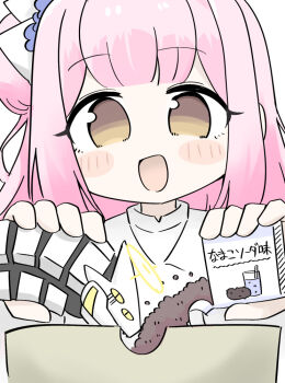 1girl :d binah_(blue_archive) blue_archive blue_flower blush_stickers brown_eyes capelet chibi flower hair_bun hair_flower hair_ornament halo holding long_hair mika_(blue_archive) miranofuudoria open_mouth pink_hair robot simple_background single_side_bun smile upper_body white_background white_capelet