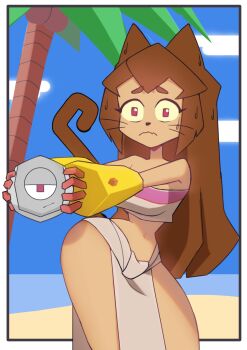 1boy 1girl absurdres akibas123 alternate_costume animal_ears bare_shoulders beach border breasts brown_hair cat_ears cat_girl cat_tail chel_(el_dorado) chel_(el_dorado)_(cosplay) cloud commentary cosplay dark-skinned_female dark_skin english_commentary gameoverse gauntlets highres kaboodle_(gameoverse) kit_bodega loincloth long_hair looking_at_viewer mayan_clothes medium_breasts midriff narrow_waist navel nervous nervous_sweating ocean palm_tree pink_tube_top red_eyes sidelocks sky strapless sweat tail tan the_road_to_el_dorado thighs tree tube_top two-tone_tube_top whiskers white_border white_loincloth wide_hips yellow_gauntlets