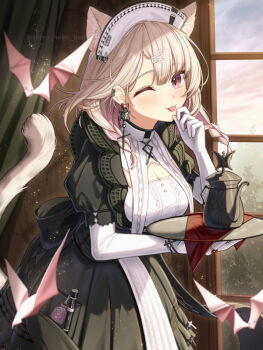 Rule 34 | 1girl, ;p, animal ears, arknights, black dress, blonde hair, breasts, cat ears, cat girl, cat tail, cleavage, commentary request, dress, earrings, elbow gloves, gloves, holding, holding tray, indoors, jewelry, kazemaru (arknights), kazemaru (like illusion) (arknights), long hair, looking at viewer, maid headdress, official alternate costume, omamori, one eye closed, origami, paid reward available, pink eyes, pink hair, shironekoban, sky, smile, solo, tail, teapot, tongue, tongue out, tray, white gloves, window