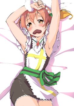 Rule 34 | 1girl, apron, armpits, arms up, bed sheet, black dress, blush, brooch, candy, chocolate, chocolate heart, commentary request, dress, food, food in mouth, heart, heart-shaped food, highres, hoshizora rin, jewelry, looking at viewer, love live!, love live! school idol project, lying, mogyutto "love" de sekkin chuu!, official alternate costume, on back, on bed, orange hair, sen (sen0910), short dress, short hair, sleeveless, sleeveless dress, solo, white apron, yellow eyes