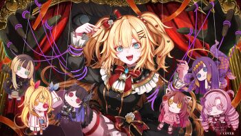 2girls :d akai_haato akai_haato_(gothic_lolita) aqua_eyes black_capelet black_dress black_thighhighs blonde_hair bow bowtie button_eyes buttons capelet character_doll commentary_request copyright_notice doll double-breasted dress frilled_capelet frills gothic_lolita hair_between_eyes hair_bow hair_ornament hairclip heart heart_hair_ornament highres hololive hololive_dev_is hololive_english hoshikawa_sara hoshikawa_sara_(1st_costume) hyakumantenbara_salome hyakumantenbara_salome_(1st_costume) juufuutei_raden juufuutei_raden_(1st_costume) layered_dress lolita_fashion long_hair long_sleeves looking_at_viewer multiple_girls nakauma nerissa_ravencroft nerissa_ravencroft_(1st_costume) nijisanji ninomae_ina&#039;nis ninomae_ina&#039;nis_(1st_costume) official_alternate_costume official_alternate_hairstyle official_art open_mouth parallel_hairclips puppet puppet_strings red_bow red_bowtie roboco-san roboco-san_(hoodie) short_dress sitting smile solo_focus teeth thigh_strap thighhighs two_side_up upper_teeth_only very_long_hair virtual_youtuber x_hair_ornament