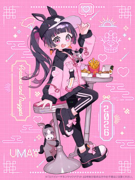 1girl :d black_hair blunt_bangs earrings full_body hat heart highres jewelry long_hair long_sleeves looking_at_viewer mcdonald's open_mouth original pink_eyes purple_hair smile solo twintails uekura_eku