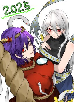 2025 2girls bare_shoulders black_dress blue_dress blush breasts brown_skirt closed_mouth commentary dress gradient_clothes gradient_dress hair_between_eyes hand_on_own_chest highres large_breasts long_bangs long_hair looking_at_viewer medium_breasts medium_hair multiple_girls nap_muntarou parted_lips purple_hair red_eyes red_shirt shirt skirt sleeveless sleeveless_dress smile snake touhou very_long_hair white_background white_hair yasaka_kanako yuiman_asama