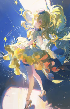 Rule 34 | 1girl, absurdres, bag, bag bow, bare legs, beret, blonde hair, blue background, blue hat, blue scarf, blue shorts, bow, chinese commentary, coattails, commentary request, cure etoile, dress, expressionless, floating hair, frilled dress, frills, full body, hair between eyes, hair ornament, hat, heart-shaped bag, high heels, high side ponytail, highres, hongmao xiaogou siyangyuan, hugtto! precure, kagayaki homare, light blush, light particles, long hair, long hair between eyes, looking at viewer, looking back, magical girl, mini hat, mixed-language commentary, no socks, parted lips, pink bow, precure, scarf, shoes, short dress, short shorts, short sleeves, shorts, shorts under dress, side ponytail, solo, stage, stage lights, standing, star (symbol), star hair ornament, stiletto heels, tailcoat, very long hair, waist bag, wavy hair, white bag, white wrist cuffs, wrist cuffs, yellow dress, yellow eyes, yellow shoes