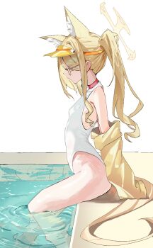 1girl animal_ear_fluff animal_ears bare_legs bare_shoulders blonde_hair blue_archive breasts choker closed_mouth cross_halo extra_ears eyes_visible_through_hair feet_in_water feet_out_of_frame flat_chest fox_ears fox_girl fox_tail from_side hair_over_one_eye halo highleg highleg_one-piece_swimsuit jacket loli long_hair long_sleeves mal0 off_shoulder official_alternate_costume official_alternate_hairstyle one-piece_swimsuit pink_eyes pool poolside red_choker seia_(blue_archive) seia_(swimsuit)_(blue_archive) side_ponytail simple_background sitting small_breasts soaking_feet solo sunglasses swimsuit tail thighs tinted_eyewear very_long_hair very_long_tail visor_cap white_background white_one-piece_swimsuit yellow_halo yellow_jacket yellow_visor