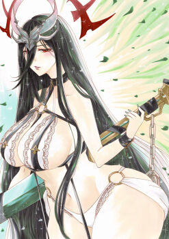 1girl azur_lane black_hair breasts commentary_request francesco_caracciolo_(azur_lane) green_nails highres huge_breasts light_blush long_bangs long_hair looking_at_viewer marker_(medium) navel parted_lips red_eyes revealing_clothes solo stomach traditional_media uzuharu_(uduharu) very_long_hair