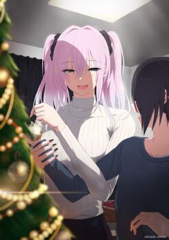 1boy 1girl :d absurdres black_hair black_nails black_shirt blue_eyes blurry blurry_foreground breasts christmas christmas_ornaments christmas_tree collarbone commentary_request covered_collarbone curtains depth_of_field gradient_hair hair_between_eyes half-closed_eyes highres holding indoors long_hair long_sleeves medium_breasts misaki_nonaka multicolored_hair nail_polish open_mouth original pink_hair ribbed_sweater shirt smile sweater turtleneck turtleneck_sweater twintails white_sweater